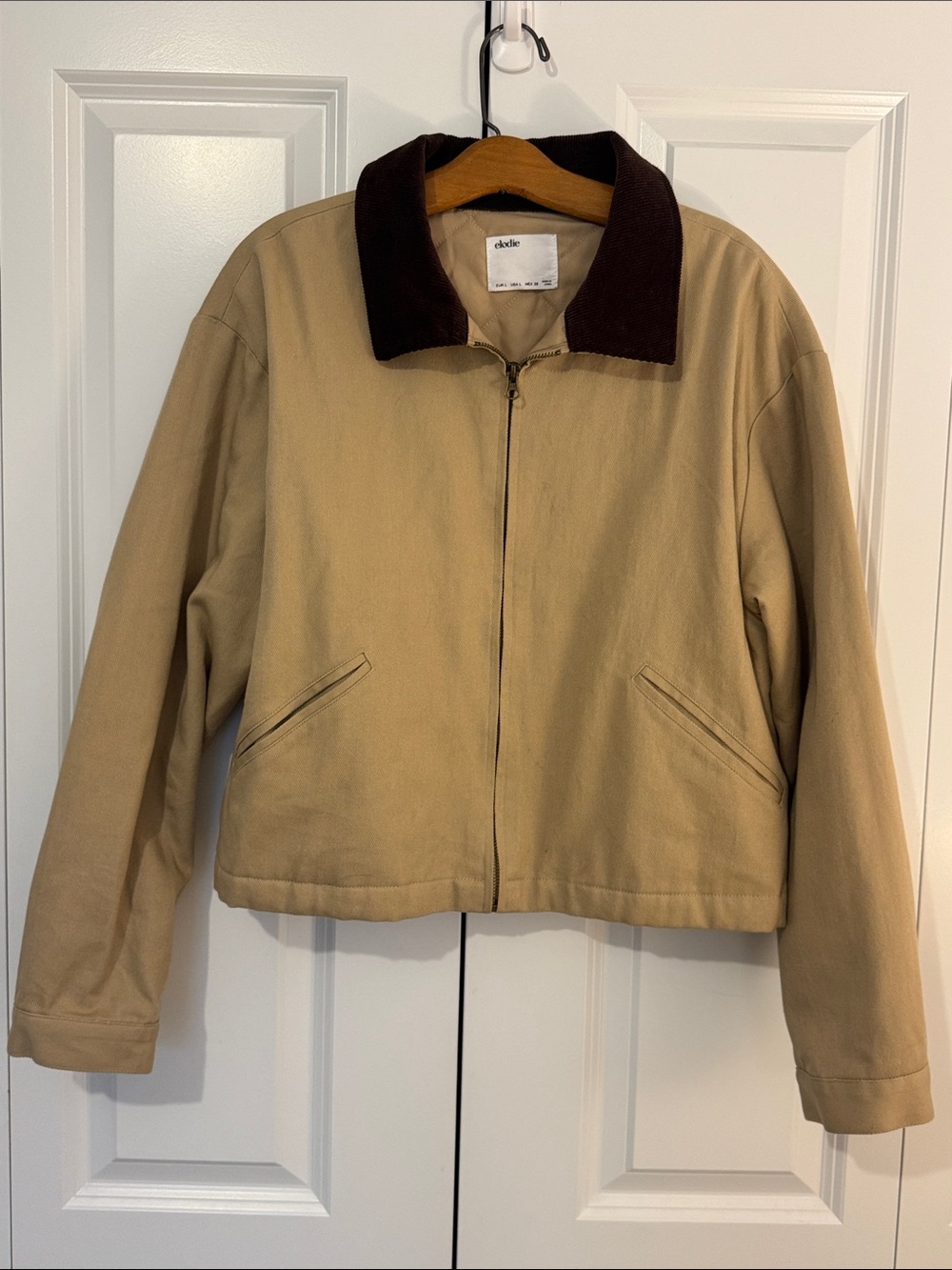 Elodie Ely Workwear Crop Beige Chore/Barn Jacket Dark Brown Corduroy Collar